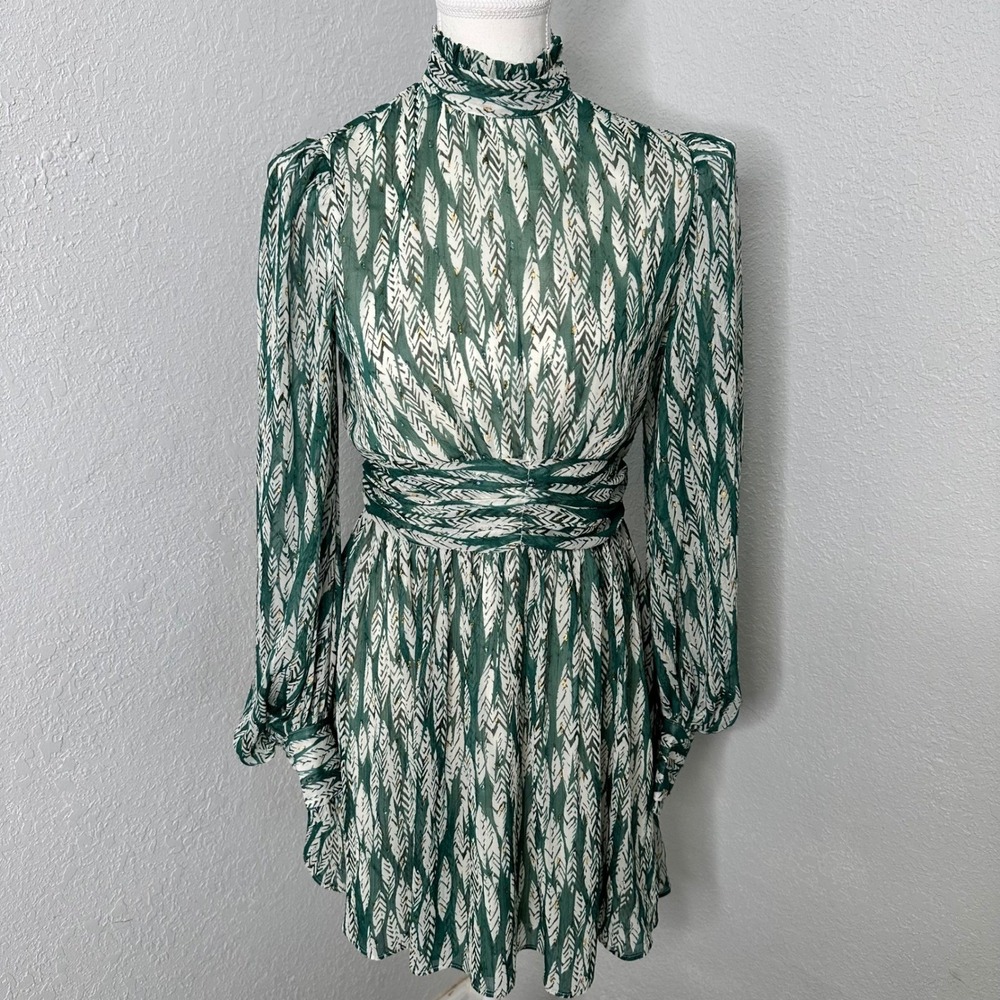 Aqua Green Feather Print Mock Neck Mini‎ Dress Long Sleeve Dress